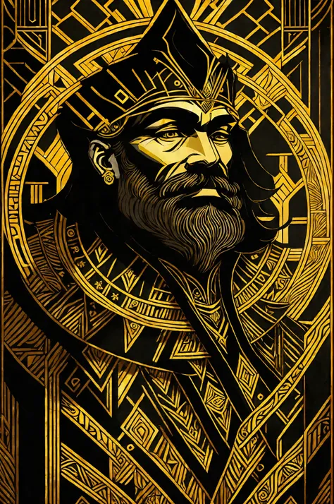(masterpiece, 4k, ultra detailed, raw photo: 1.2), illustration, (1 old king:1), (single background: black and gold background1.4), (symmetry: 1.2), (Art Deco:1.4), (retro-futuristic:1.4), (minimalism:1.4), (clean:1.4), (flat_color:1.4), (cyberpunk, androi...
