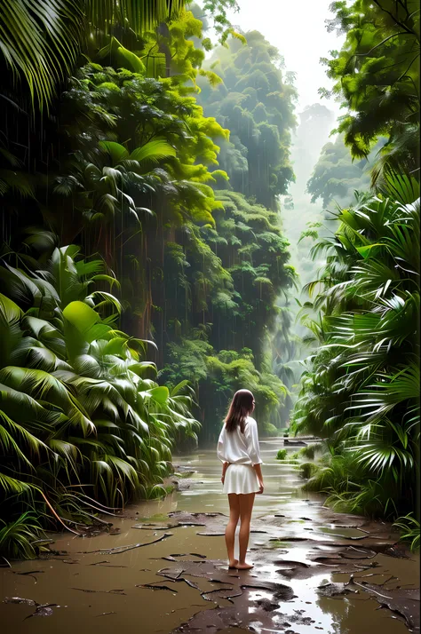 cute girl, photo taken from a distance, jungle background, detailed, wet mud floor, rainy weather, digital painting, art station...