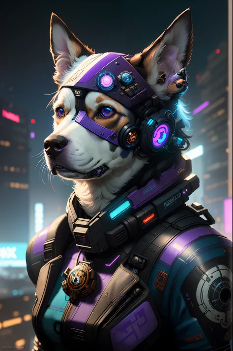 a beautiful portrait of a cute cyberpunk dog by sandra chevrier and greg rutkowski and wlop, purple blue color scheme, high key lighting, volumetric light, digital art, highly detailed, fine detail, intricate, ornate, complex, octane render, unreal engine,...