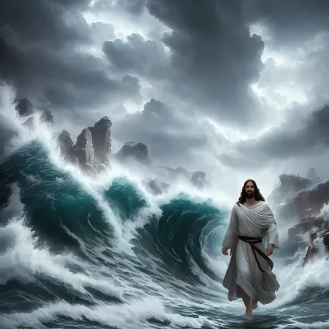 jesus walking on water in a storm, masterpiece, best quality, high quality, extremely detailed cg unit 8k wallpaper, award winni...