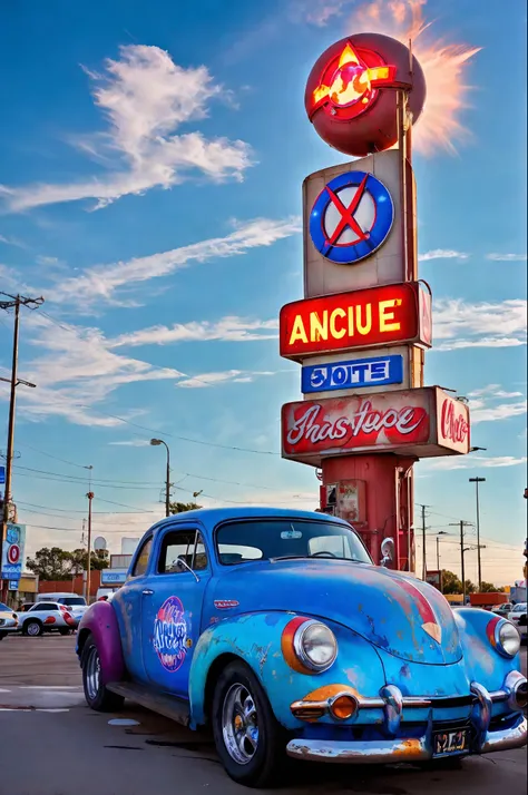 cars around abandoned gas station sign made from a rocket beautiful blue sky clutter-home (atompunkstylesd15:1.0), (masterpiece:...