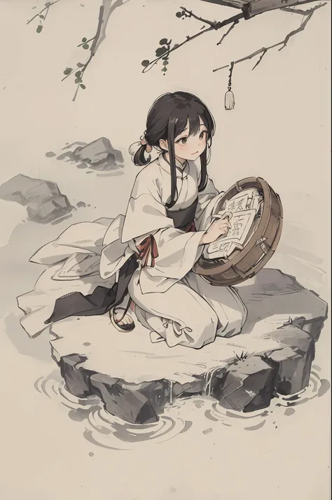 (Masterpiece, best quality: 1.2), traditional Chinese ink painting, a child, a bamboo basket