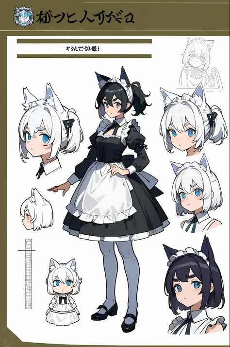 (masterpiece, best quality) detailed, character sheet, wolf ears, thick eyebrows, fullbody, maid outfit