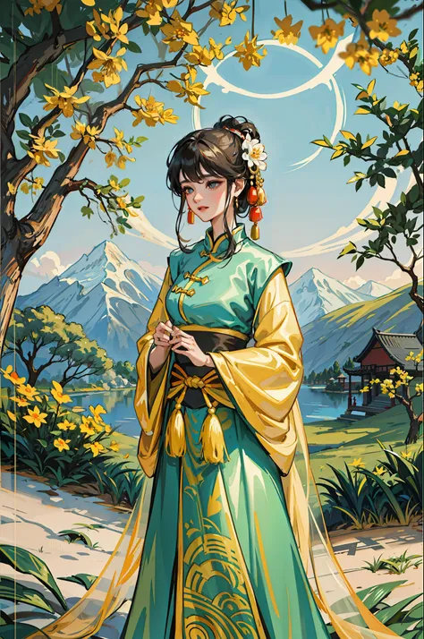 an ancient chinese beauty standing under an osmanthus tree, charming temperament, flowing long skirt, clear face, beautiful eyes...