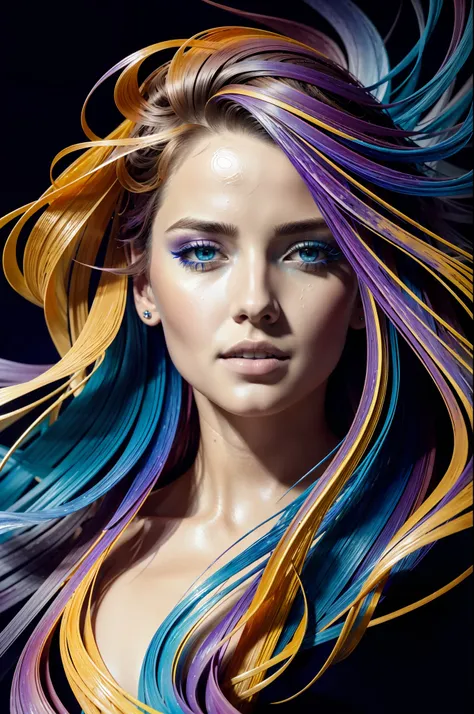Colorful beautiful girl: a giru 28-years old, messy hair, oil painting, nice perfect face with soft skinice perfect face, blue yellow colors, light purple and violet additions, light red additions, intricate detail, splash screen, 8k resolution, masterpiec...