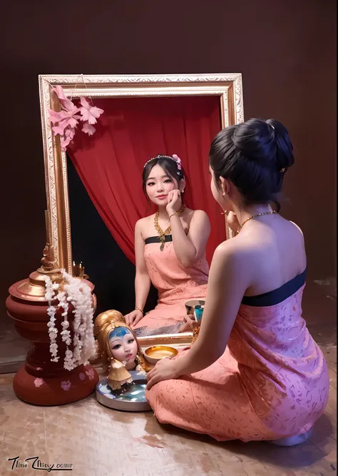 1girl, (ulzzang-6500:0.7), kpop idol, yae miko, detached sleeves, bare shoulders, gold hair, long hair, thai clothes, best quality, (painting:1.5), (hair ornament:1.35), jewelry, earrings, breasts, lantern light, depth of field, detailed face, face focus,...