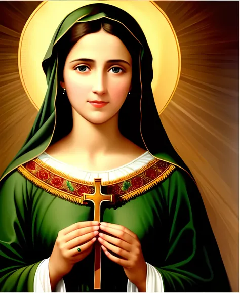 the mother of jesus christ, a beautiful woman, with light brown skin, black hair and green eyes, with a sweet and captivating lo...