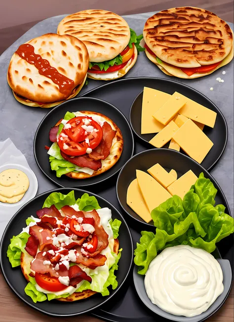 hamburger, low and flat bread, cheese, bacon, lettuce, tomato, dark grey round dish, round potatoes to accompany, ketchup