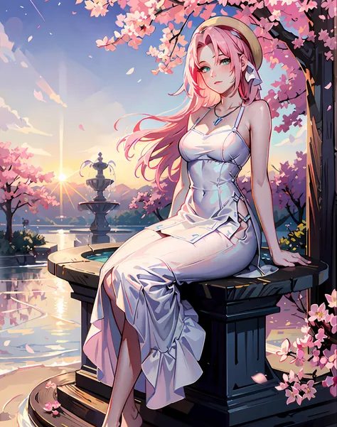 {{masterpiece}}, best quality, cinematic lighting, lens flare, medium breasts, beautiful detail eyes, white summer dress, sitting by a fountain, necklace, straw hat, sunset, sakura, cherry tree, petals,pink hair,forehead to show