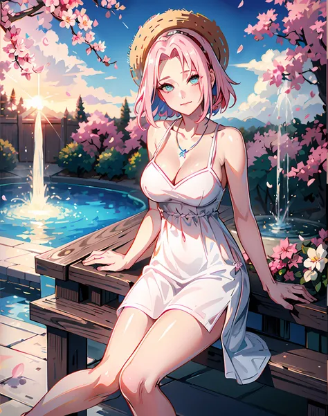 {{masterpiece}}, best quality, cinematic lighting, lens flare, medium breasts, beautiful detail eyes, white summer dress, sitting by a fountain, necklace, straw hat, sunset, sakura, cherry tree, petals,pink hair,forehead to show