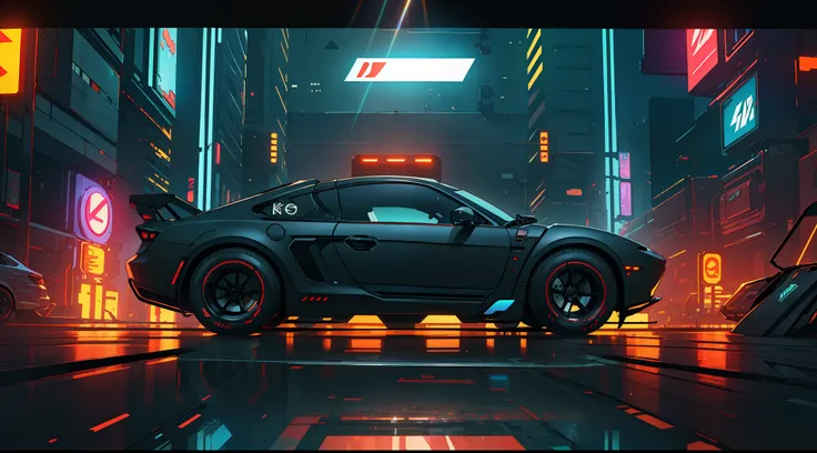 (masterpiece)+, (best quality)+, (complex detail)+, cyberpunk car, matte black paint, showroom concept, lens flare, camera artif...