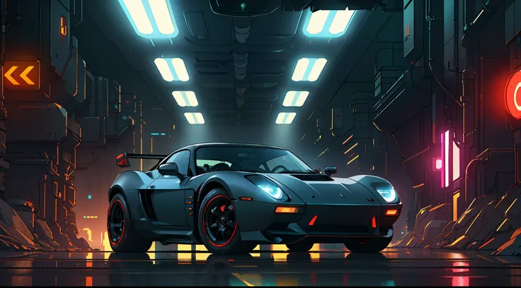 (masterpiece)+, (best quality)+, (complex detail)+, cyberpunk car, matte black paint, showroom concept, lens flare, camera artif...