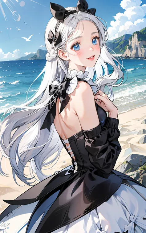 Back girl looking back with a shy smile, blushing, black sweater, white dress, beach scenery, girl with silver hair, light blue eyes, mole, with a white bow in her hair,