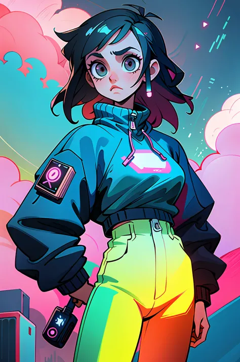 (best quality, masterpiece), 1girl, cyberpunk, sweatshirt, neon, cloudy sky, (cartoon:1.5)