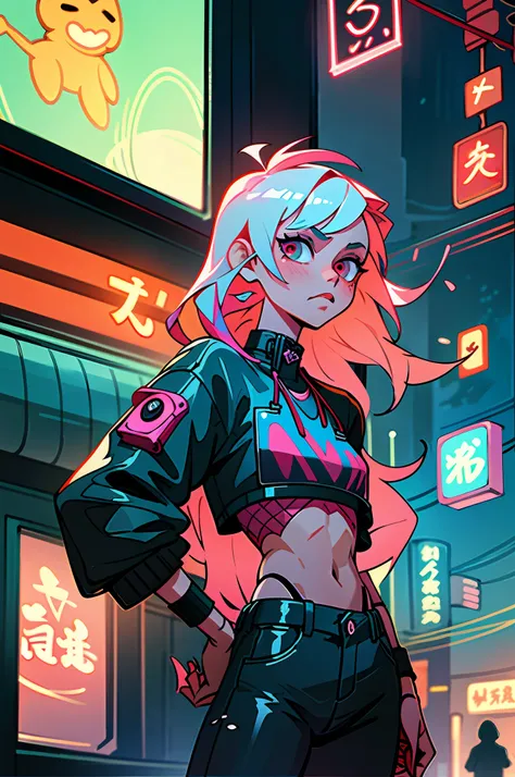 (best quality, masterpiece), 1girl, cyberpunk, neon, fog, (cartoon: 1.5), sexy, thong, big chest, tight, small, small, neon signs, ramen shop, crop top, fishnet very low, transparent, very long hair