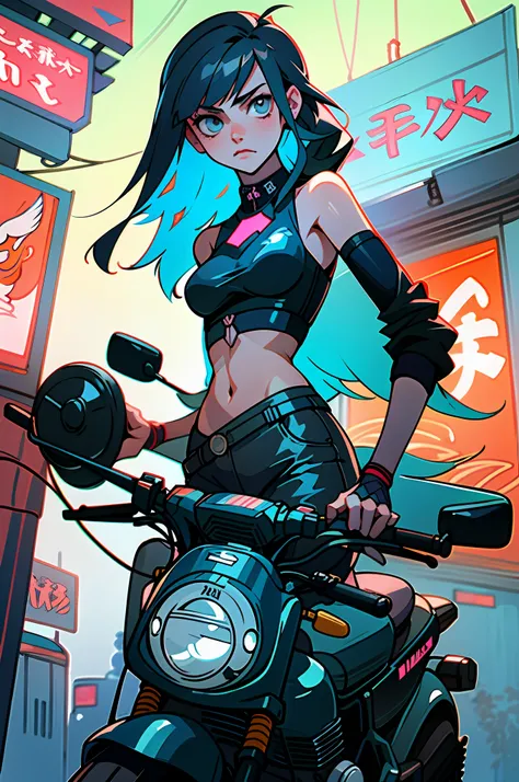 (meilleure qualité, chef-d’œuvre), 1girl, on a motorcycle, cyberpunk, néon, fog, (dessin animé:1.5), sexy, string, big breast, tight, petite, small, neon signs, ramen shop, crop top, fish net, really low waist, transparent, very long hair