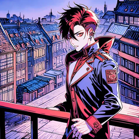 1male, anime character with red hair and a black leather jacket, holding machine, anime handsome man, (silver eyes), (((short spiky red hair))), (ear cuff), with red hair, solo, ((suoh mikoto)), k project, (((vampire))), (insanity), malkavian, city in back...