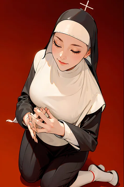 Piel perfecta,((1 girl dressed as a nun)), with her hands in prayer position, full body,(((praying on her knees)))
tight suit, ((pronounced neckline)), large tits, ((eyes closed)), masterpiece, pretty hands, well-made hands, marked neckline, heavenly light...