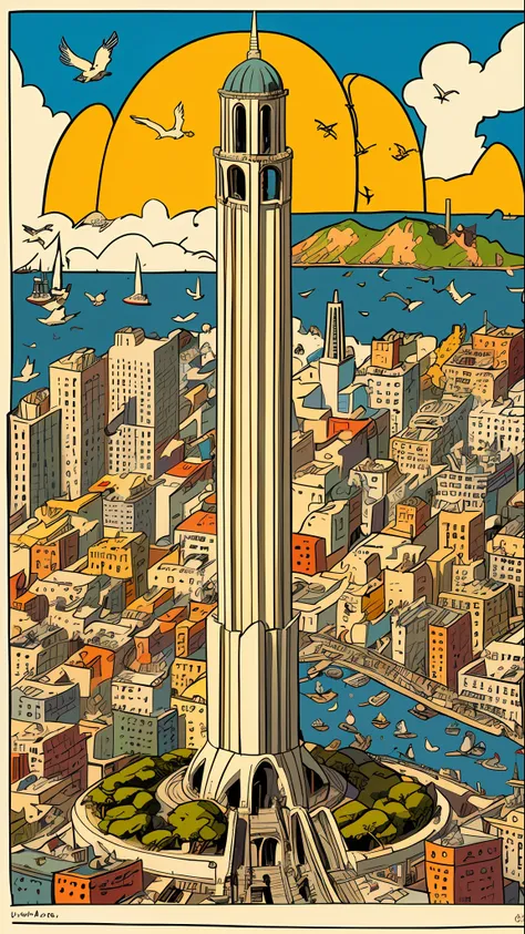 chaotic maximalist san francisco coit tower, bird's eye view and flying gastlis, illustrated by herg, tin tin, pen-and-ink comic...