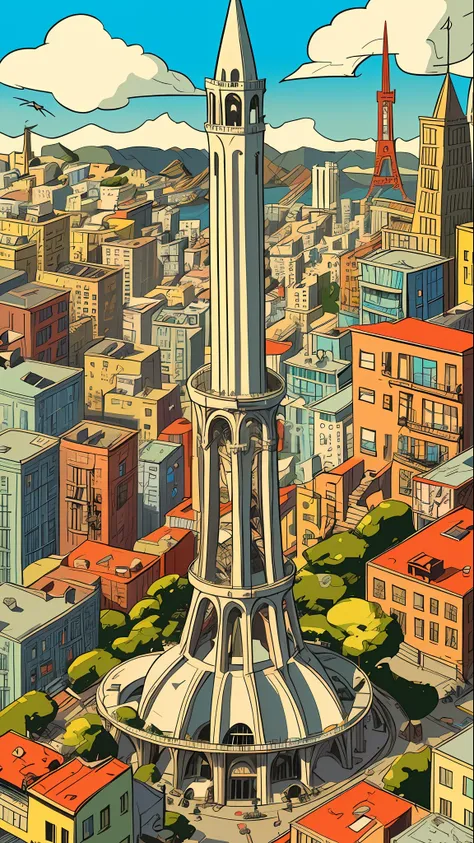 chaotic maximalist san francisco coit tower, bird's eye view and flying gastlis, illustrated by herg, tin tin, pen-and-ink comic...