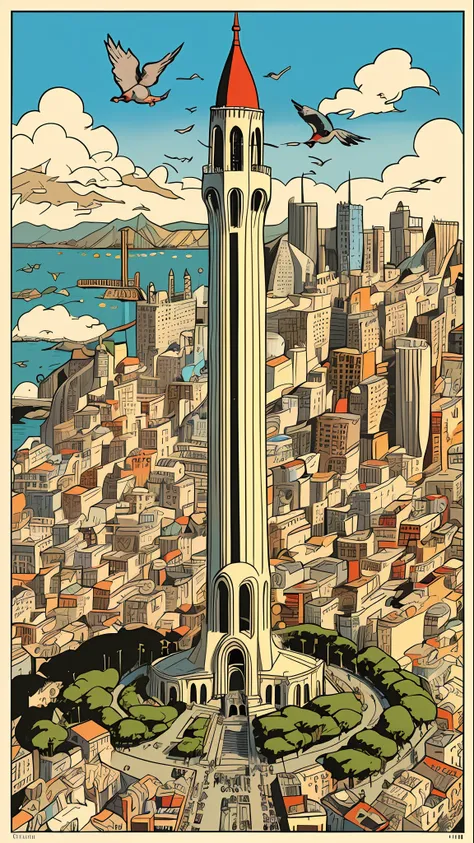 chaotic maximalist san francisco coit tower, bird's eye view and flying gastlis, illustrated by herg, tin tin, pen-and-ink comic...