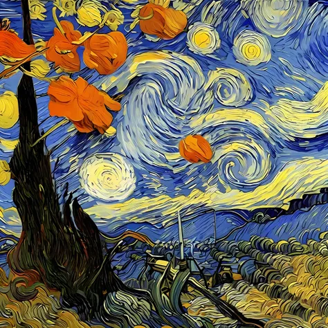 van gogh's paintings, navy, light blue, orange, white, red, according to these colors, paint a painting, light and shadow, high ...