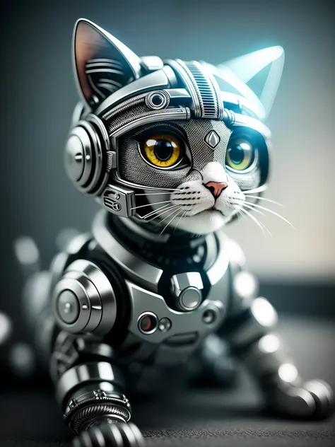 A cute kitten made of metal, (cyborg:1.1), ([tail|detailed wire]:1.3), (intricate detail), hdr, (intricate detail, hyperdetailed:1.2), cine footage, halo shadow, centered
