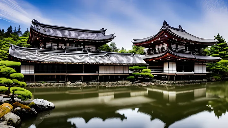Old Japanese house at river side , Ultra-Wide Angle, chromatic aberration, glowing light, super detail, award winning, best quality, highres, 16k, 8k