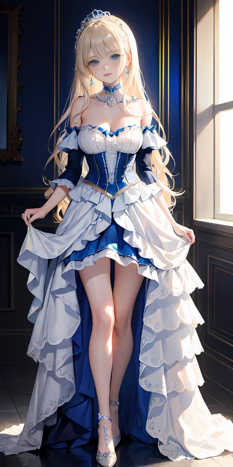 [blue:aqua:0.65] theme, masterpiece, masterpiece of a girl, detailed visual art, blue eyes, light blonde hair, long hair, collarbone, royal princess, elegant, gorgeous quinceanera dress, detailed layered skirt, [detailed frills: 0.1], [frilled dress: 0.1],...