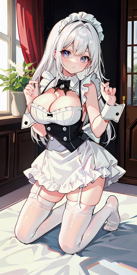 white hair, maid outfit, sexy and cute appearance, soft and cute body, white stockings, bare feet, strangle, whole body, loli kn...