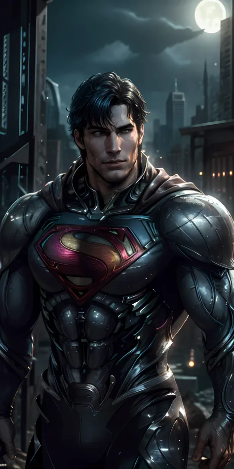 superman from man of steel stands imposing in a abandoned haunted lost city. moonlight highlights your muscles and scars. the sc...