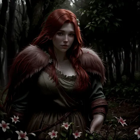 Red-haired woman, third person perspective, viking, medieval, mystical, forest environment, damp plants and flowers, branches, best quality, cinematic focus, perfect lighting, gloomy weather, clear environment