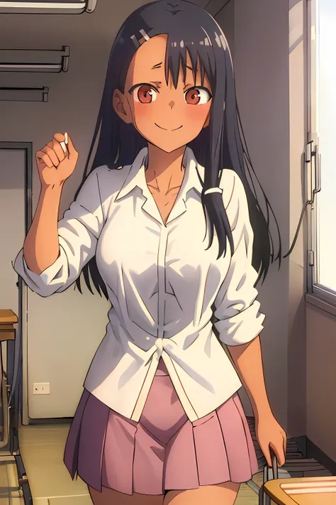 ((masterpiece:1.2)), best quality, nagatoro hayase, pretty face, large_breasts, white shirt, pink skirt, cowboy_shot, looking_at...