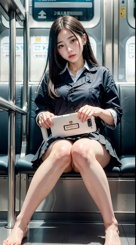 "(masterpiece, high definition, ultra high definition, 4k) black hair, 14 years old japan girl, uniform skirt, emphasizing thigh...