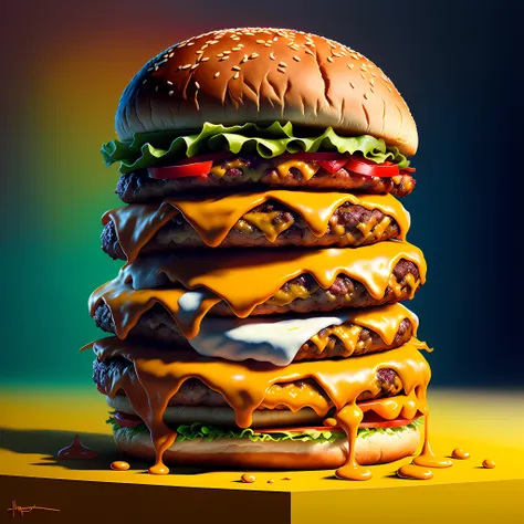A Cheesburger sitting on a table, hyper realistic digital painting, color hyperrealism, amazing food illustration, blender cheesburger, amazing food photography, hyper realistic oil painting, hyper realistic color photo, ultra realistic oil painting, reali...