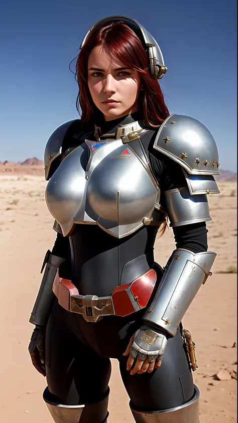 Portrait of a Space Marine woman, pronounced feminine feature, red and blue heavy armor, in the desert, detailed, cinematic composition, power armor, intricate details, eerie, highly detailed, 8k, art by artgerm and greg rutkowski and alphonse mucha, poor ...