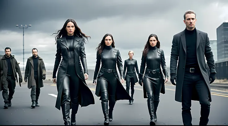 dystopian future group of determined individuals (extremely detailed and beautiful face, full body, man and woman, vibrant, photorealistic, realistic, hyperrealism, insanely detailed, dramatic, dark, sharp focus, 8k)