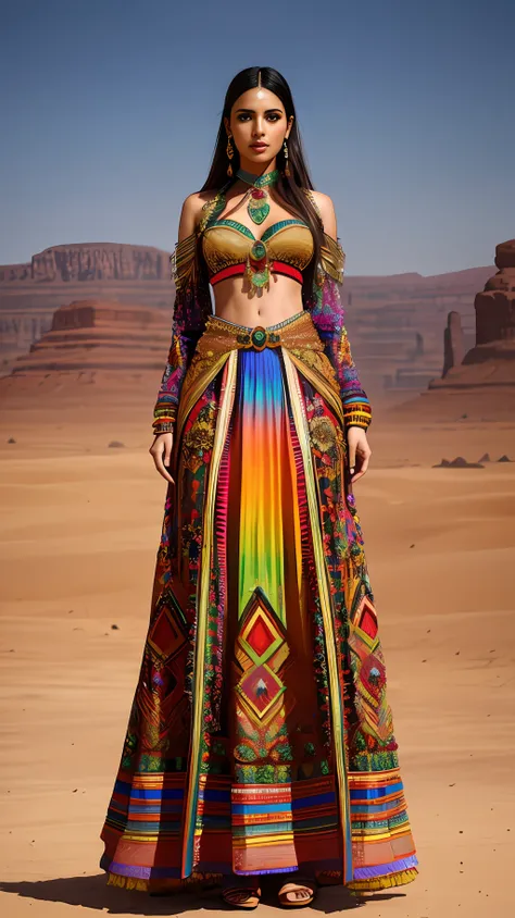 Full body photograph of the most beautiful artwork in the world, a beautiful woman in intricate costume burning in the desert, rainbow colors, ArtStation, CGSociety, complex, high detail, clear focus, dramatic, realistic pictorial art trends Greg Rutkovsky