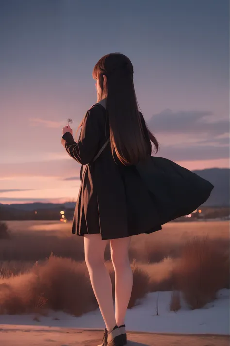 1girl, school, dress, landscape, night, fireworks, cold light, long hair, scenery, solo, standing