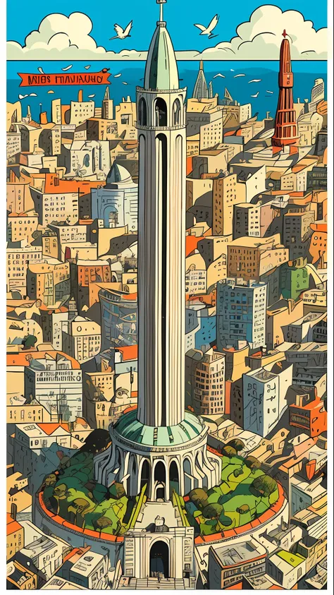 chaotic maximalist san francisco coit tower, bird's eye view and flying gastlis, illustrated by herg, tin tin, pen-and-ink comic...