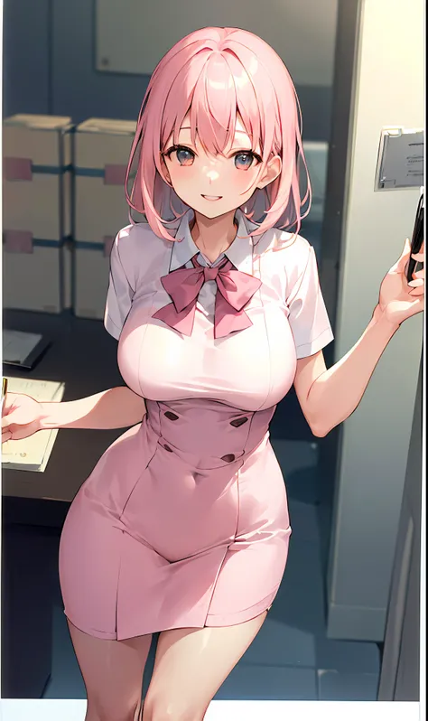 ((masterpiece, best)), (1girl), (mature woman), light pink hair, trumpet, ((office lady), bangs, mid-breasted, (full), slim, smile, [wide hips], office, standing, aru  (blue file),
