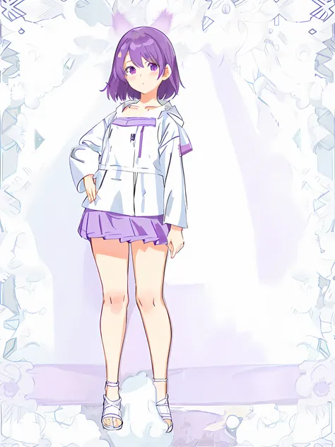 anime girl in a short skirt and jacket standing in front of a frame, full body portrait of a short!, anime moe artstyle, clear outfit design, !!full body portrait!!, anime full body illustration, full body!!, full body white purple cloak, white and purple,...