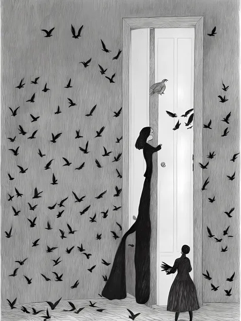 a drawing of a woman standing in front of a door with birds flying around her by edward gorey