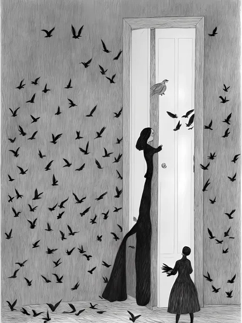 a drawing of a woman standing in front of a door with birds flying around her by edward gorey