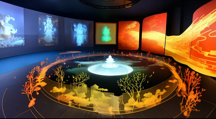 a large immersive interactive experience exhibition hall in chinese mythology style about the goddess of ocean peace mazu, sever...