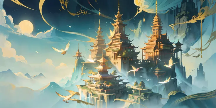 an image of an asian landscape with mountains and birds in the air, in the style of fantastical otherworldly visions, light cyan and gold, intricately mapped worlds, hyperrealistic illustrations, romanticized cityscapes, detailed character illustrations, o...