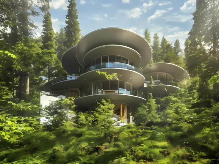 huge science fiction mansion in the forest