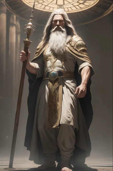 Photo of the most beautiful work of art in the world illustrating the prophet Moses, ((fantasy)) serious look long hair and long beard posture, holding his wooden staff, long striped robes, fantastic location, majestic desert environments, full body 8k uni...