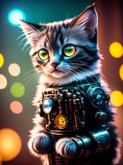a cute fluffy kitten made out of metal, cyborg, cyberpunk style, clockwork, ((intricate details)), hdr, big eyes, ((intricate details, hyperdetailed)), vacuum tube or electron tube, cinematic shot, vignette, bokeh effect beckground, on the hand