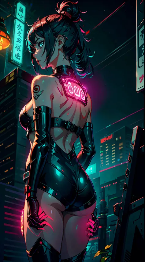 1girl, solo, girl, close up, futuristic outfit, neon samurai, very handsome cyberpunk samurai, cyberpunk samurai, ghost blade style, cyberpunk style, cyberpunk neon style, video game character, synthwave image, cyberpunk, concept art neon glow, moon, lantern, night, solo, outdoor, sky, full moon, rain, mountain, cloud, paper lantern, night sky, reflection,, {{(masterpiece),(extremely detailed CG unity 8k wallpaper),  (side boobs), best quality,solo,cinematic lighting,detailed background,beautiful detailed eyes,bright pupils,(an extremely delicate and beautiful),(beautiful and detailed eye description),ultra-detailed,masterpiece,}}, detailed eyes, beautiful eyes, realistic eyes, beautiful eyes, perfect eyes, rear view, (Anamorphic rays, ramen shop), glow, depth of field